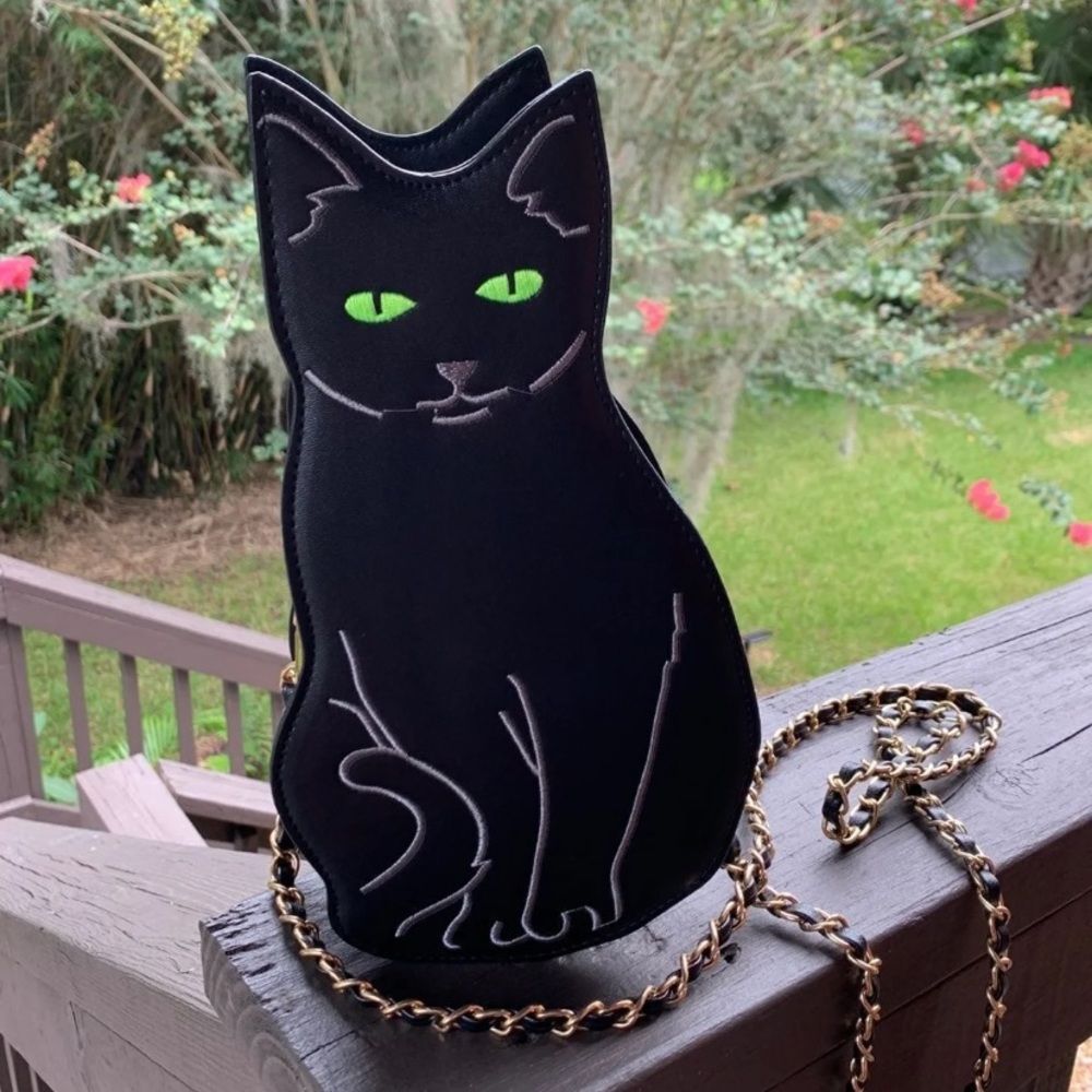 Black cat kitty crossbody purse gold chain kitten
